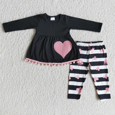 Girl Embroidery Heart Long Sleeve Striped Pant Outfit