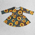 Girl Sunflowers Long Sleeve Twirl Dress