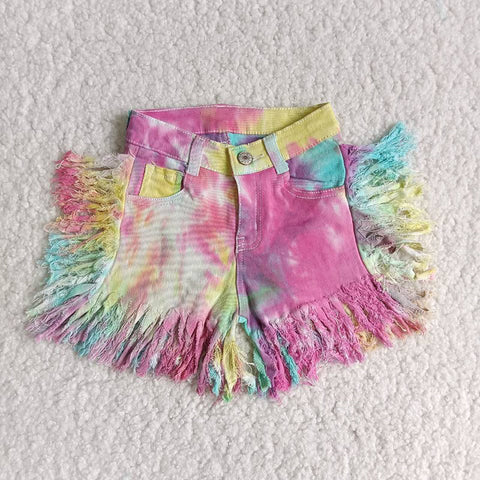 Girl Tie Dye Tassels Button Shorts Jeans