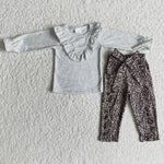 6 A25-19 Girl Grey Ruffles Long Sleeve Shirt Leopard Pant Outfit-promotion 2024.12.14