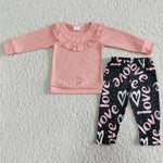 Girl Pink Ruffles Long Sleeve Shirt Love Pant Outfit