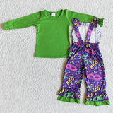 Girl Green Long Sleeve Mardi Gras Overalls Outfit