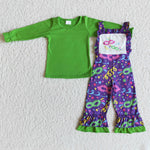 Girl Green Long Sleeve Mardi Gras Overalls Outfit