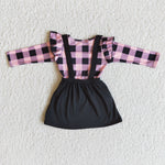 Girl Pink Plaid Long Sleeve Embroidery Heart Skirt Outfit