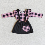 Girl Pink Plaid Long Sleeve Embroidery Heart Skirt Outfit