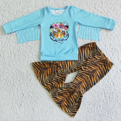 Clearance Girl Blue Tiger Tassels Print Pant Outfit