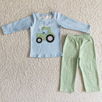Boy Truck Green Plaid Pant Outfit