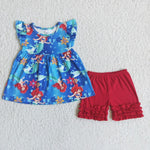 Girl Blue Beauty Fish Princess Red Shorts Outfit