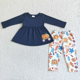Fall Pumpkin Cart Print Navy Long Sleeve Shirt Pants Girls Outfit