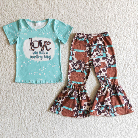 Clearance Light Blue Shirt With Love Letters Brown Bell Bottoms Pants Girls Outfits