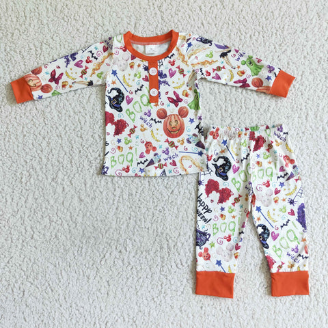 Boy Orange Pumpkin Mouse Print Long Sleeve Long Pants Pajamas Outfit