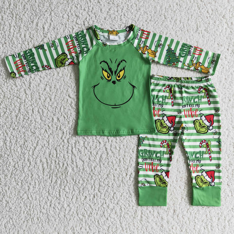 BLP0085 Boy Christmas Clothing Green Monster Face Print Striped Pajamas Outfit-promotion 2024.10.19