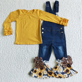 Girl Yellow Sunflower Leopard Shirt Ruffle Denim Overall Jean Outfit