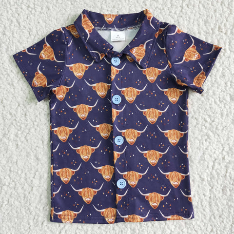 Boy Purple Cow Button Short Sleeve Summer T-shirt