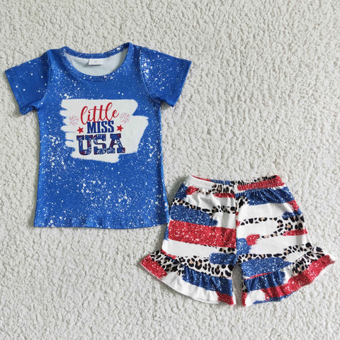 4th Of July Summer Baby American Girl Blue Short Sleeve Leopard Print Pants Outfit