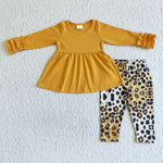 GLP0109 Girl Yellow Print Long Sleeve Tunic Shirt Ruffle Leopard Long Pants Girls Outfit-promotion 2024.10.12