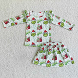 Christmas Skirt Outfit Green Screen Monster Print Long Sleeve Dress