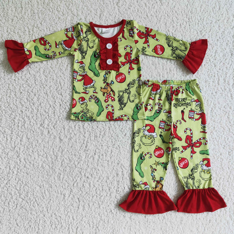 Girl Christmas Green Monster Print Long Sleeve Shirt Ruffle Long Pants Girls Pajamas Sets