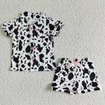 Cow Print White Black Short Sleeve Button Shorts Outfit Girls' Clothes