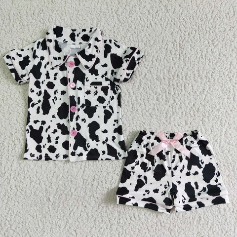 Cow Print White Black Short Sleeve Button Shorts Outfit Girls' Clothes