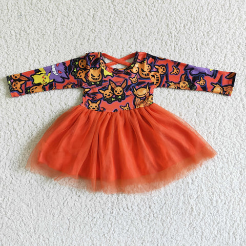 Halloween Cute Cartoon Print Baby Girls Long Sleeve Twirl Tulle Skirt