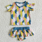 Girl Colorful Short Sleeve 2 Pieces Swimsuits