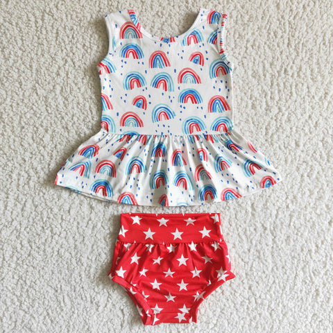 GBO0014 Red White Star Rainbow Print Bummies Baby Girls Summer Set-promotion 2024.4.27