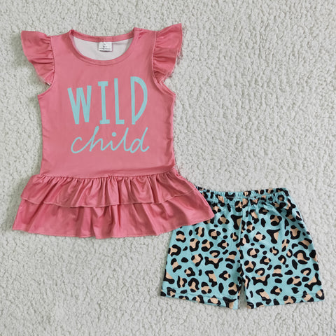 Pink Letter Print Shorts Sleeve Leopard Pants Girls Summer Outfit