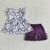 Rainbow Flutter Sleeve Purple Shorts Girls Summer Outfit