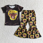 GSPO0010 Black Short Sleeve Cow Print Shirt Bell Bottom Pants Girls Clothing Outfit-promotion 2024.3.9