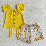 Yellow Short Sleeve Sunflower Print Shorts Baby Girl Summer Outfits