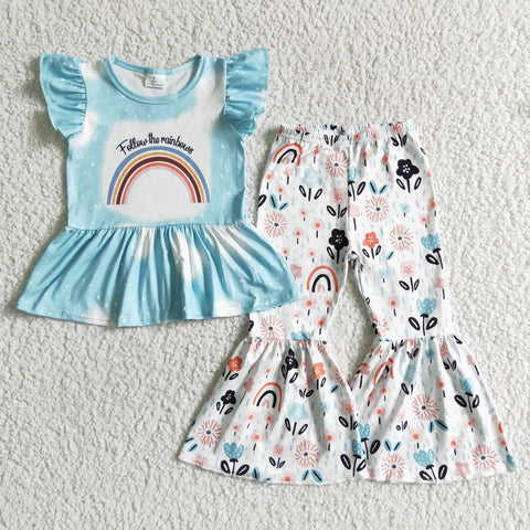 GSPO0063 Girl Blue Rainbow Short Sleeve Bell Bottom Outfit-promotion 2024.6.15