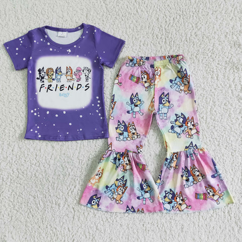 Purple Dog Friends Bleached Short Sleeve Shirt Pants Girls Cute Clothing