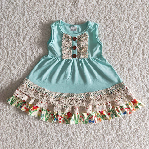 Girl Blue Lace Floral Sleeveless Dress