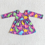 Girl Purple Dinosaur Long Sleeve Dress