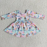 Girl Rainbow Dog Cartoon Long Sleeve Twirl Dresses