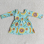 Girl Blue Sunflowers Long Sleeve Dress