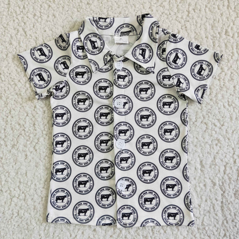 Boy's Black And White Cow Button Short Sleeve Summer White T-shirt