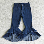 Dark Blue Double Lace Fur-trimmed Jean Trousers Girls Ruffle Jeans