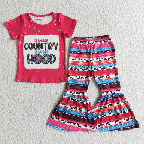 GSPO0001 Country Hood Pink Short Sleeve Stripe Bell Bottom Pants Outfit-promotion 2024.3.9