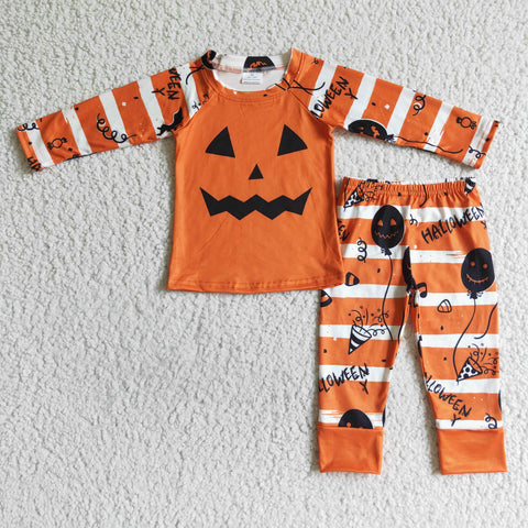 Boy Halloween Pumpkin Balloon Stripe Print Orange Long Sleeve Long Pants Pajamas Outfit