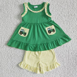 Green Truck Print Sleeveless Pockets Baby Girls Clothes Shorts Outfit