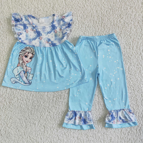 Princess Print Flutter Sleeve Shirt Blue Ruffle Pants Girl Outfit