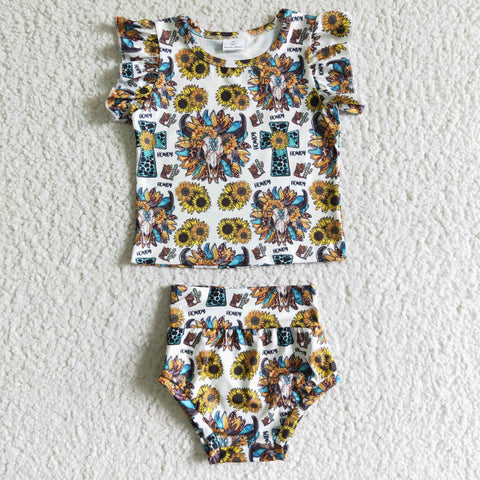 Girl Flutter Sleeve Shirt Cow Sunflower Print Bummies Baby Girls Clothes