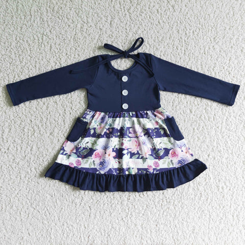 Fall Baby Girls Navy Floral Long Sleeve Button Dress