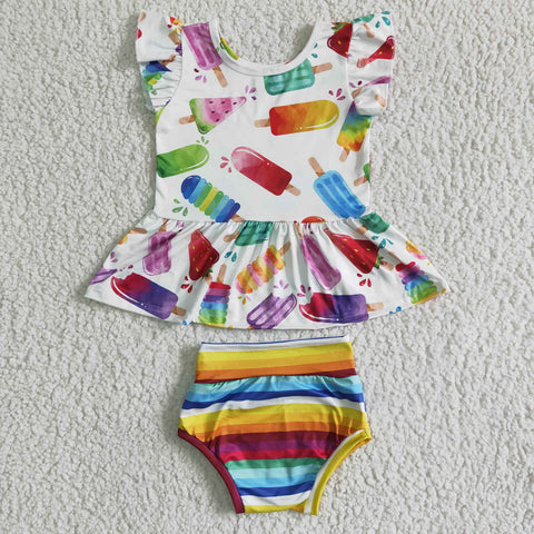 Popsicle Print Rainbow Stripe Bummies Baby Girls Summer Set