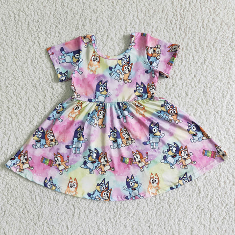 Cute Dog Print Short Sleeve Girls Summer Twirl Dresses