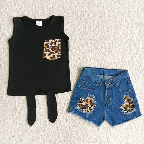 Girl Leopard Sleeveless Denim Outfit