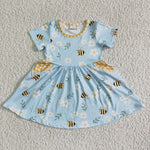 GSD0021 Blue Short Sleeve Floral Honeybees Pocket Girls Summer Twirl Dresses-promotion 2024.3.30