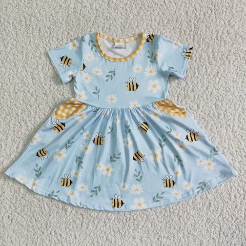 GSD0021 Blue Short Sleeve Floral Honeybees Pocket Girls Summer Twirl Dresses-promotion 2024.3.30